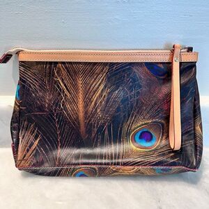 Cavalcanti Peacock Print Genuine Italian Leather Clutch Wristlet Multicolor Larg